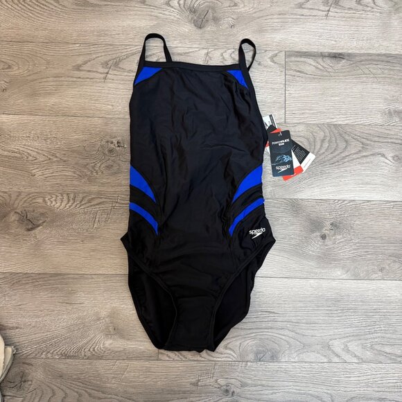 Speedo One Piece Swimsuit 12 Tone Setter Splice Flyback Black Blue Competitive - Picture 15 of 16